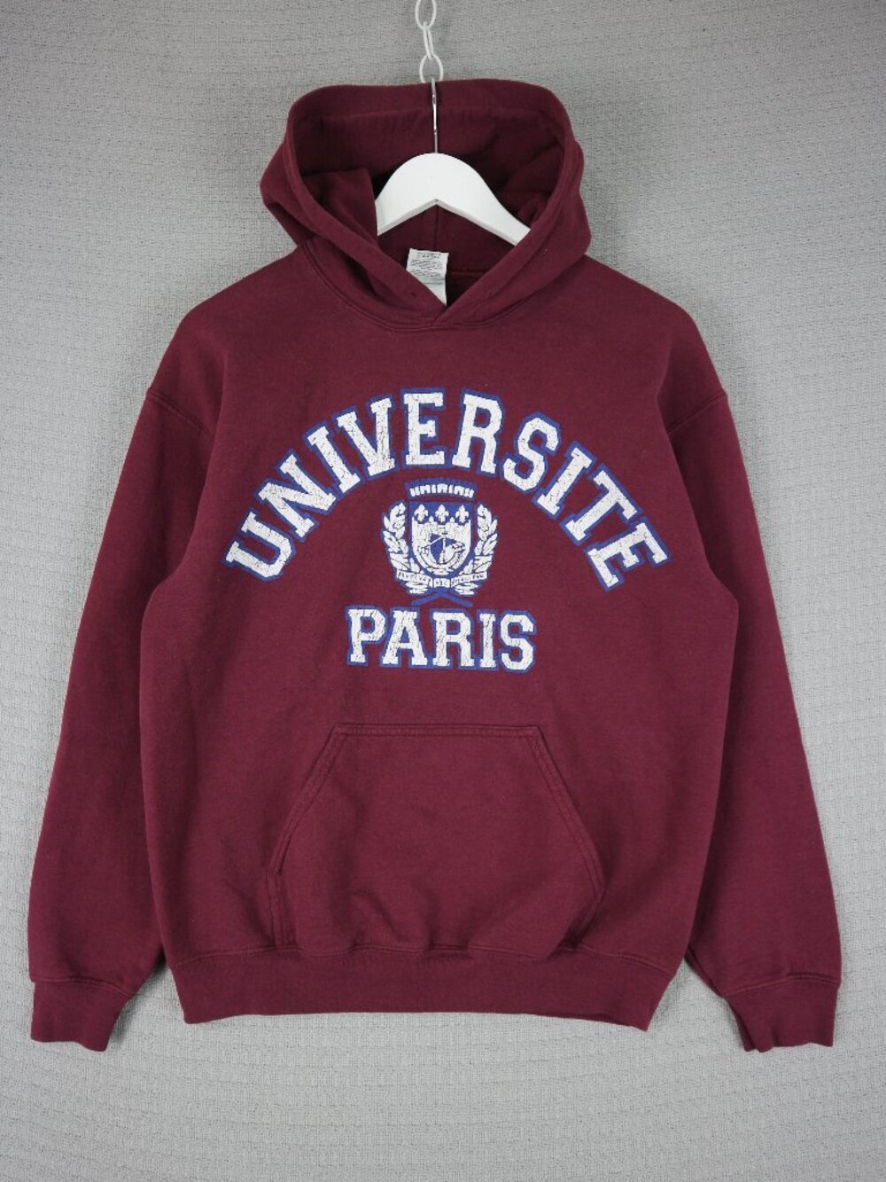 University of Paris Collegiate Spell Out Hoodie Vintage Burguny Medium Gildan